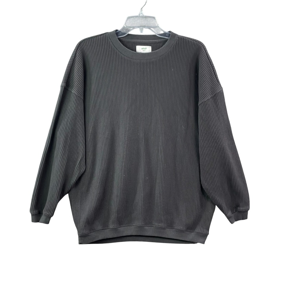 Aerie Waffle Knit Sweatshirt Womens XS Gray Oversized Crewneck Pullover Ribbed